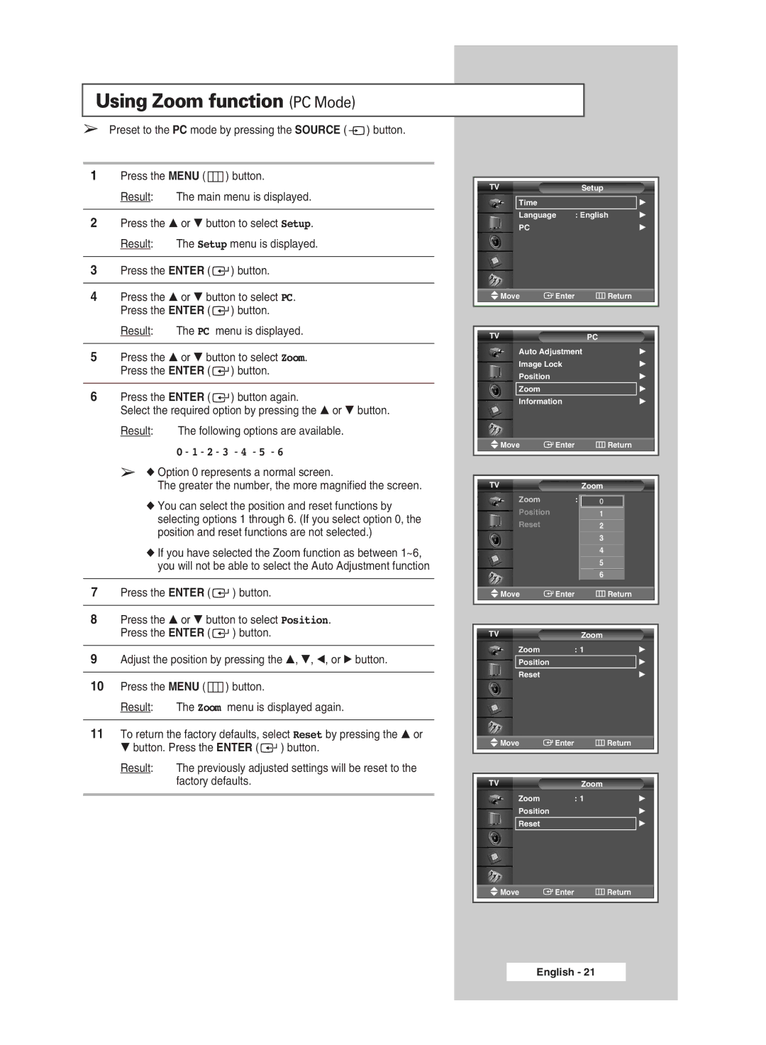 Samsung PPM42M5H, PPM50M5H manual Using Zoom function PC Mode, 2 3 4 5 