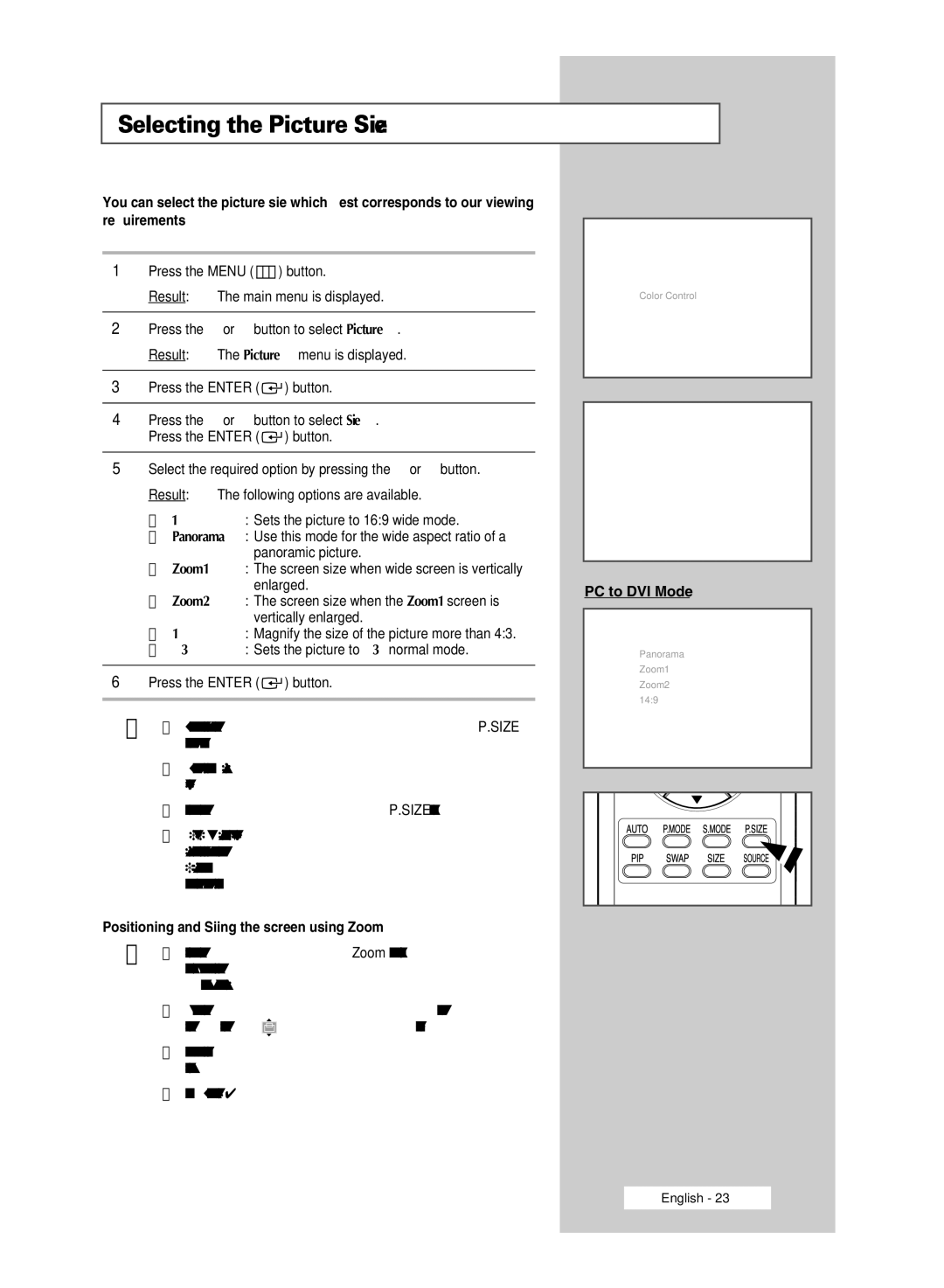 Samsung PPM42M5H, PPM50M5H manual Selecting the Picture Size, Positioning and Sizing the screen using Zoom, PC to DVI Mode 