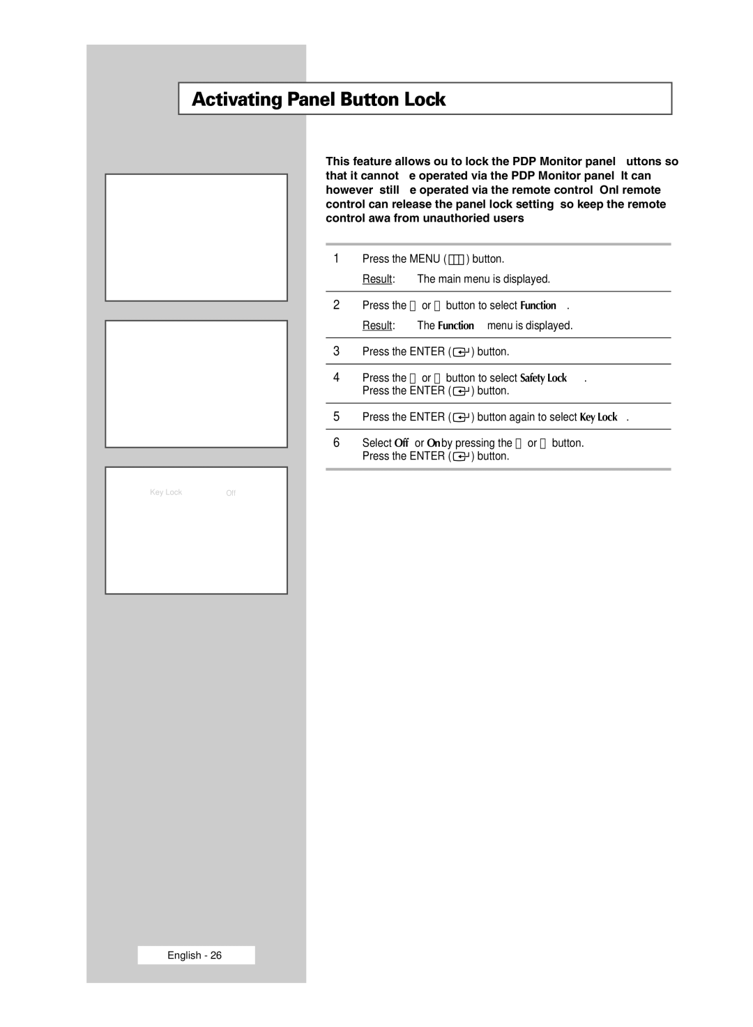 Samsung PPM50M5H, PPM42M5H manual Activating Panel Button Lock 