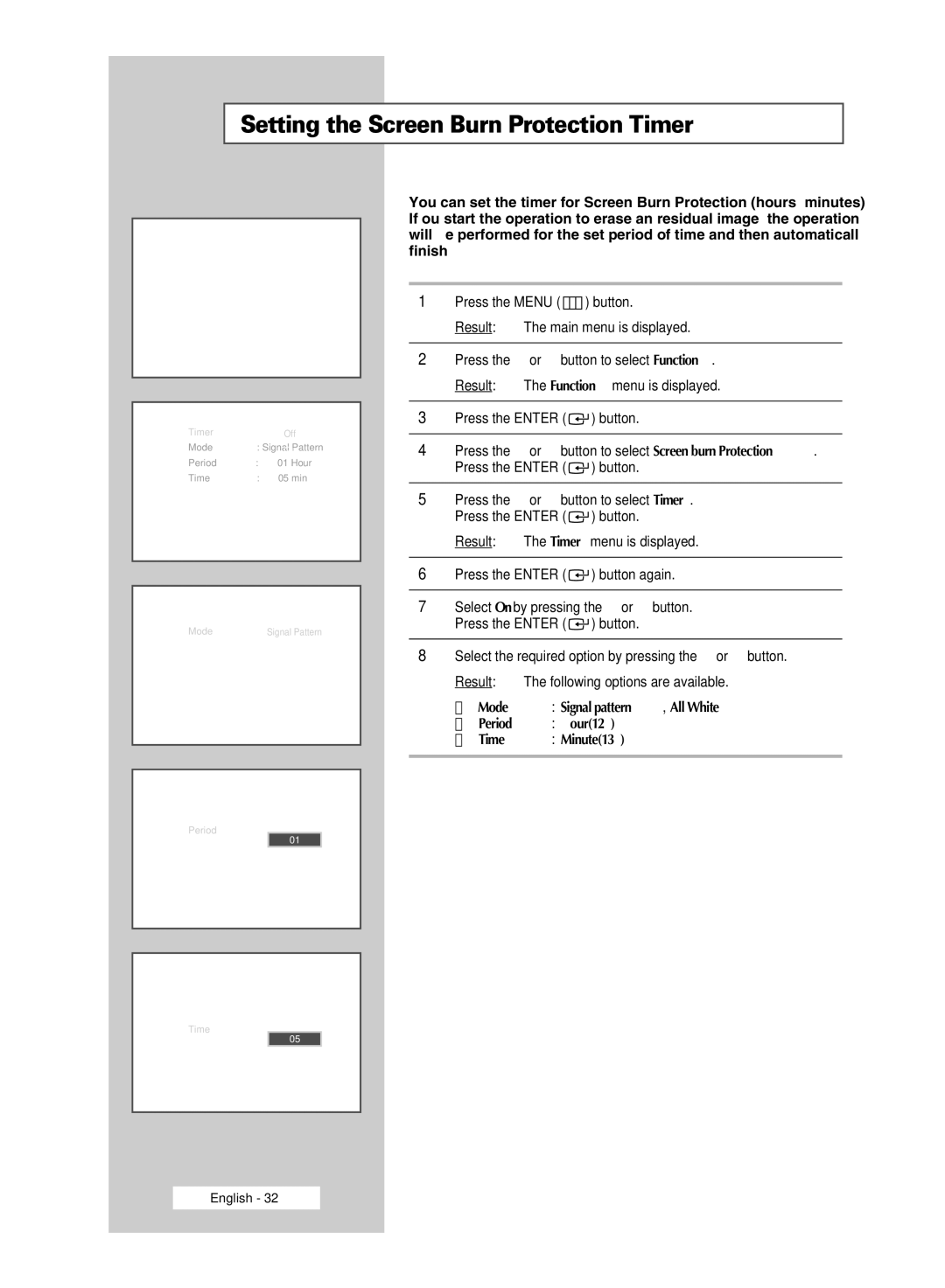 Samsung PPM50M5H, PPM42M5H manual Setting the Screen Burn Protection Timer 