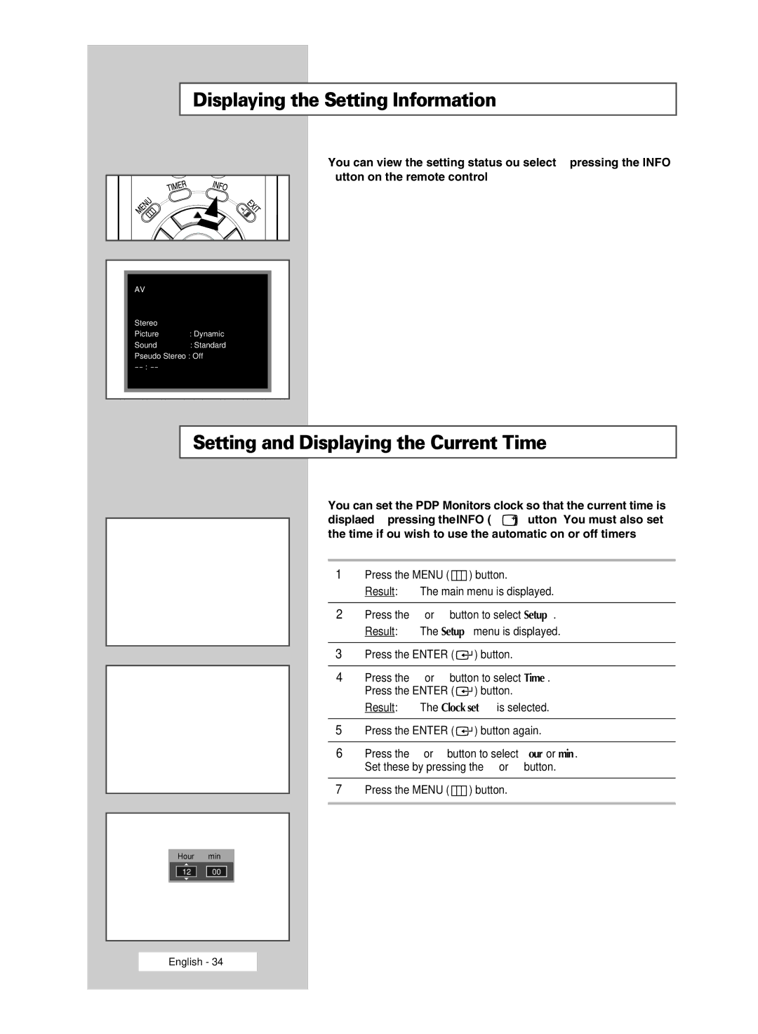 Samsung PPM50M5H, PPM42M5H manual Displaying the Setting Information, Setting and Displaying the Current Time 