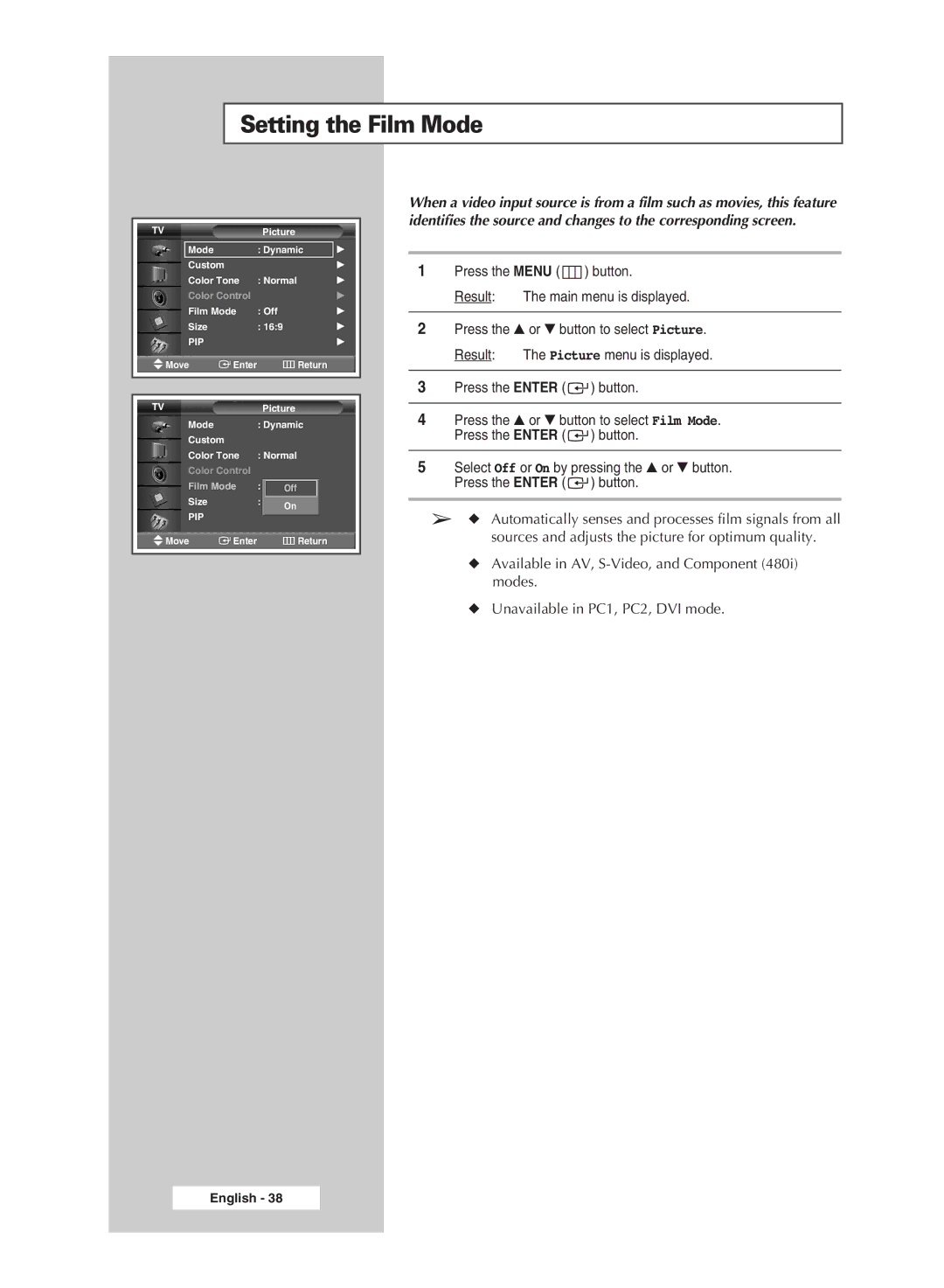 Samsung PPM50M5H, PPM42M5H manual Setting the Film Mode 