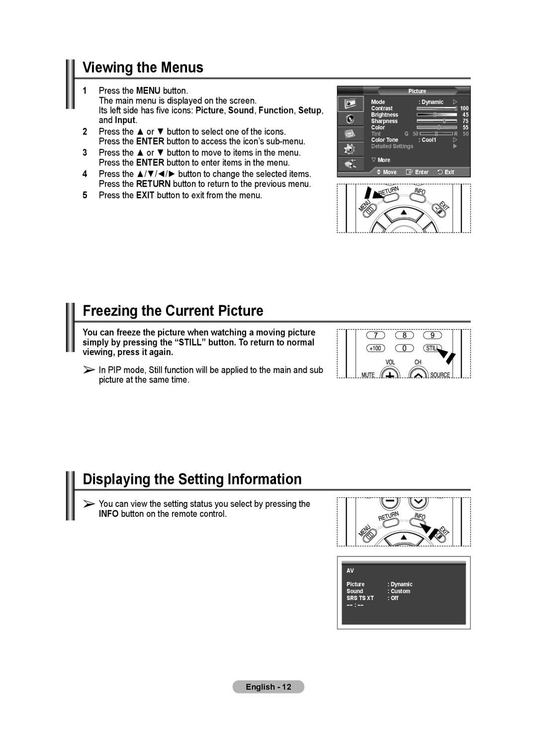 Samsung PPM50M7F, PPM63M7F manual Viewing the Menus, Freezing the Current Picture, Displaying the Setting Information 