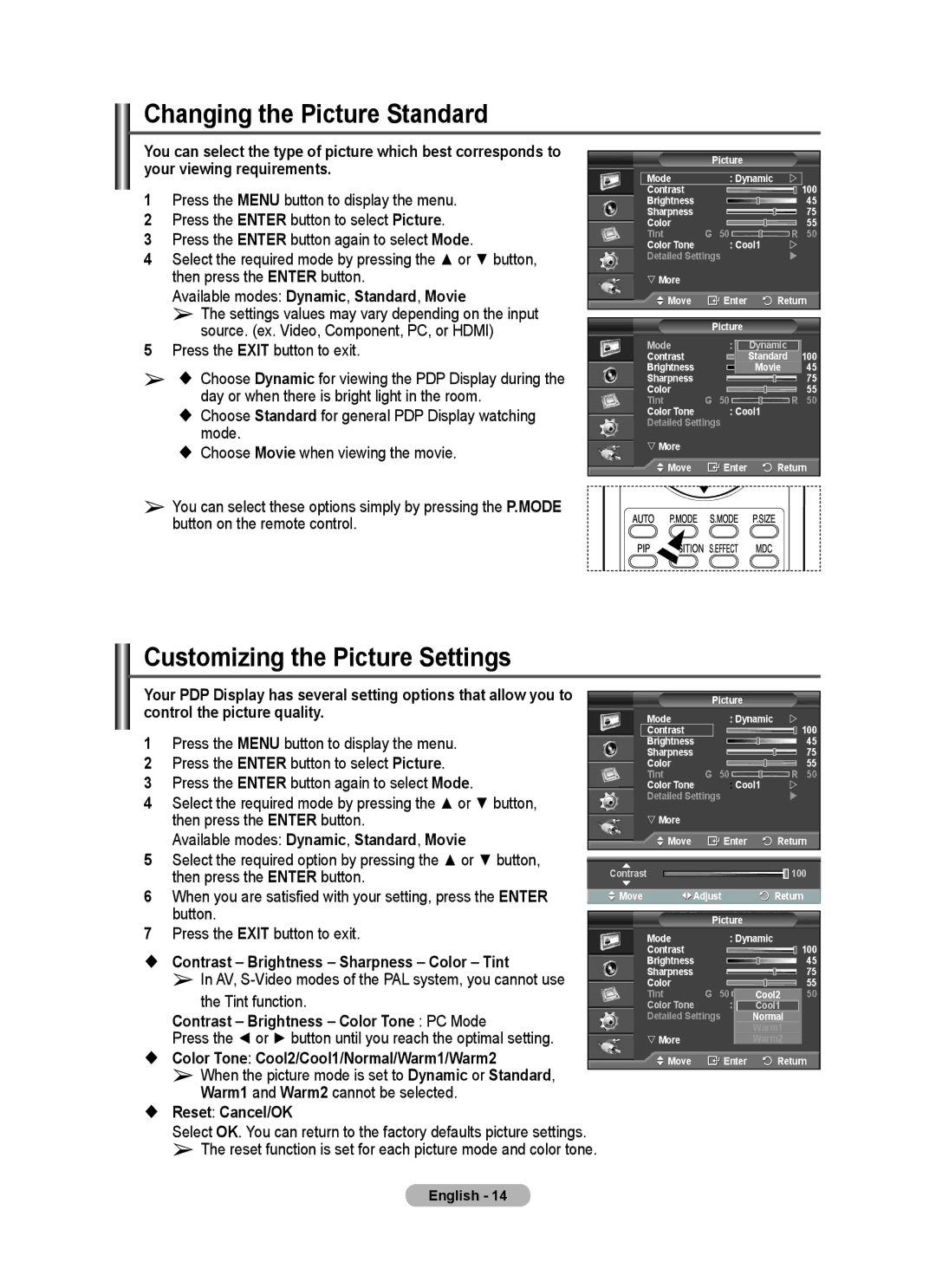 Samsung PPM50M7F, PPM63M7F manual Changing the Picture Standard, Customizing the Picture Settings 