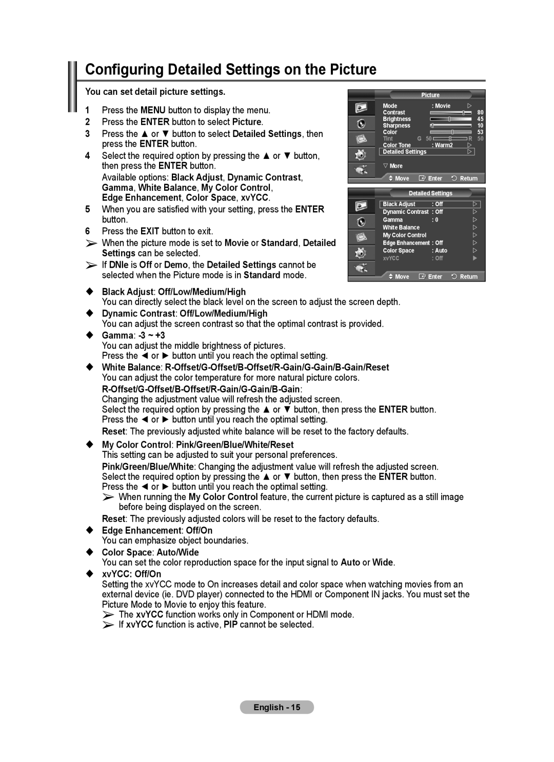 Samsung PPM63M7F, PPM50M7F manual Configuring Detailed Settings on the Picture 