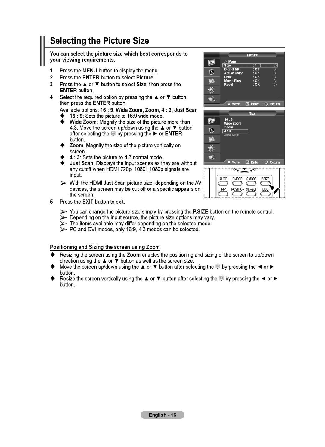 Samsung PPM50M7F, PPM63M7F manual Selecting the Picture Size 