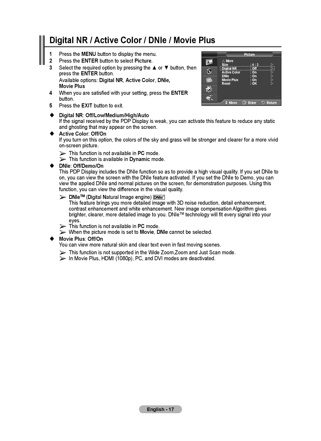 Samsung PPM63M7F, PPM50M7F manual Digital NR / Active Color / DNIe / Movie Plus 