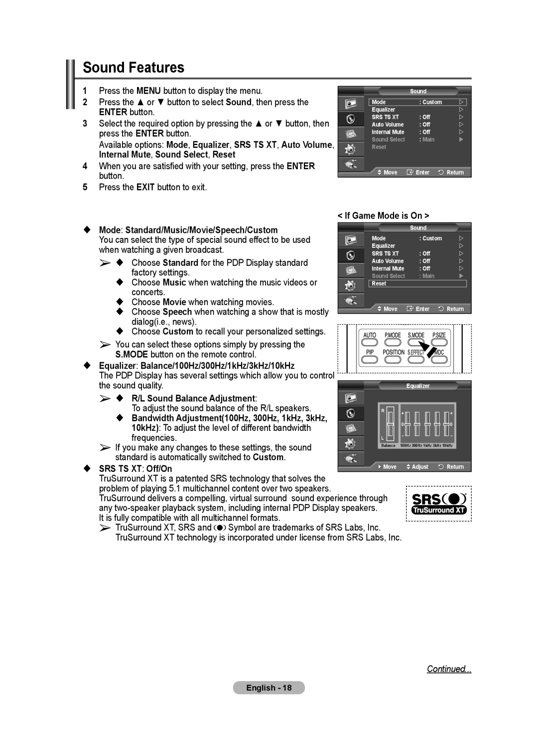 Samsung PPM50M7F, PPM63M7F manual Sound Features 