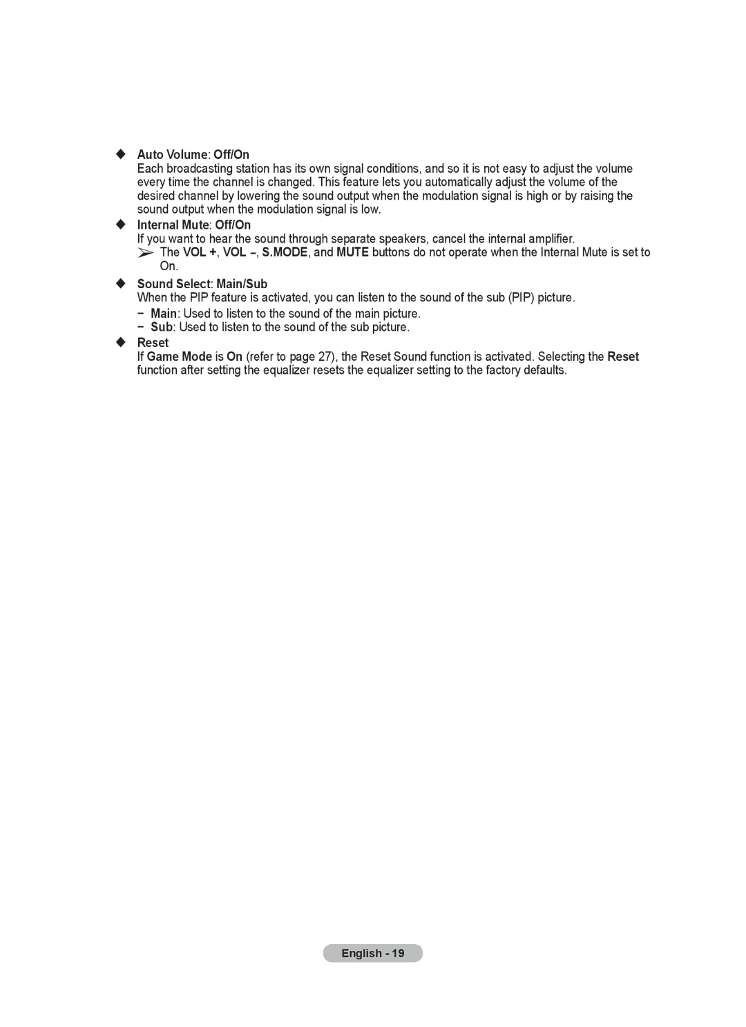 Samsung PPM63M7F, PPM50M7F manual  Auto Volume Off/On,  Internal Mute Off/On,  Sound Select Main/Sub,  Reset 