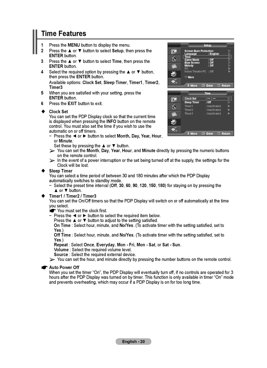 Samsung PPM50M7F, PPM63M7F manual Time Features 