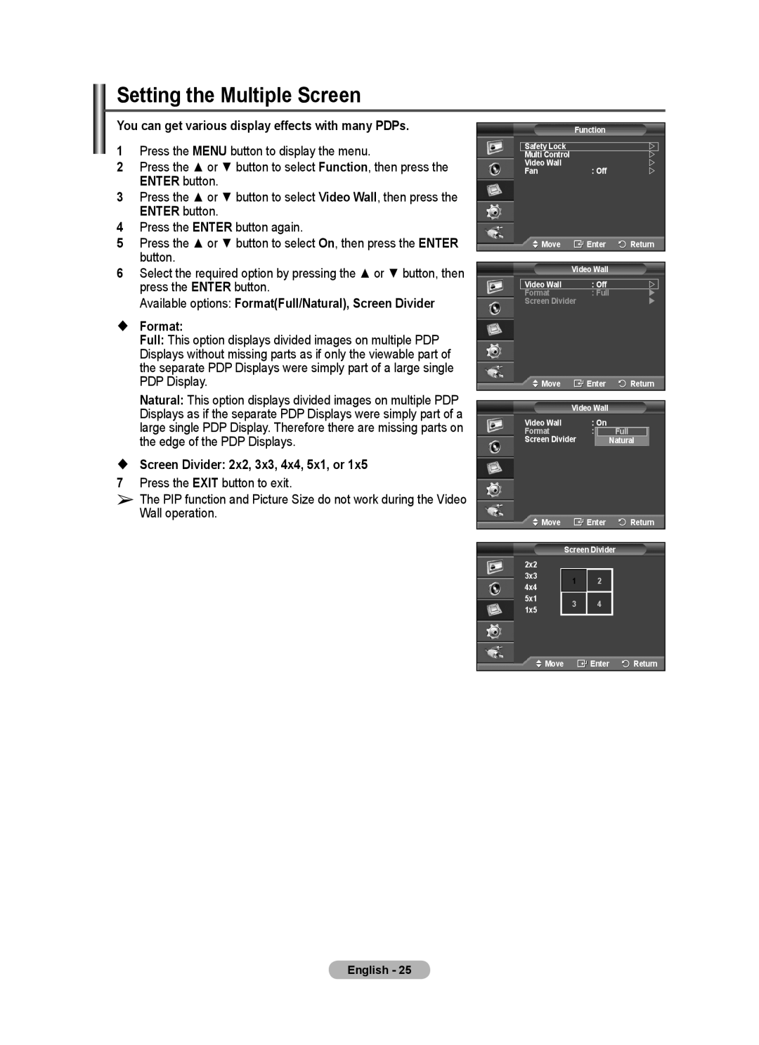 Samsung PPM63M7F, PPM50M7F manual Setting the Multiple Screen, You can get various display effects with many PDPs,  Format 