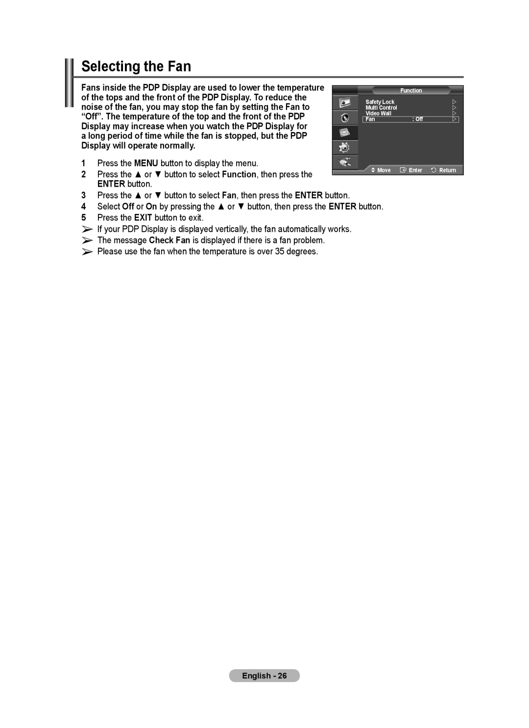 Samsung PPM50M7F, PPM63M7F Selecting the Fan, Display will operate normally, Press the Menu button to display the menu 