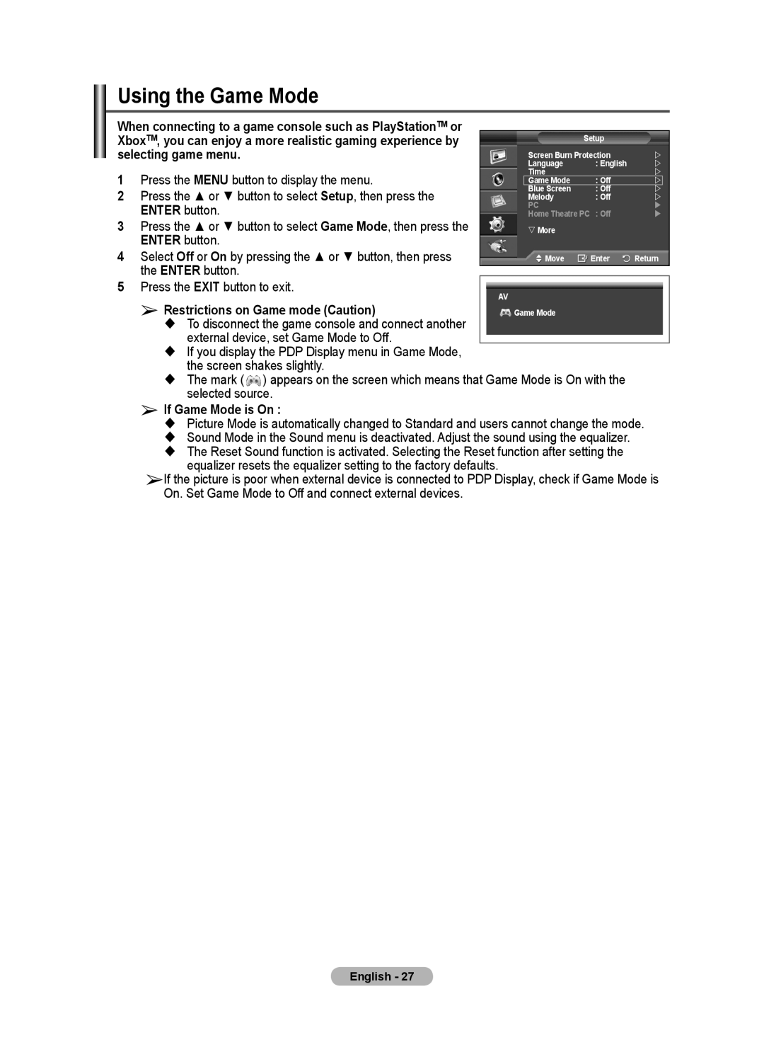 Samsung PPM63M7F Using the Game Mode, Selecting game menu, External device, set Game Mode to Off, Screen shakes slightly 