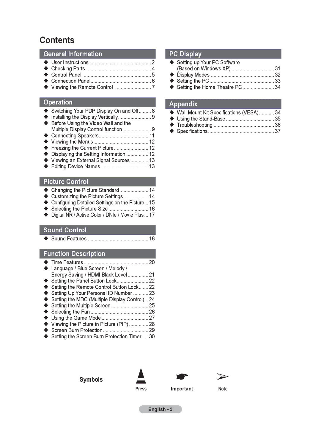 Samsung PPM63M7F, PPM50M7F manual Contents 