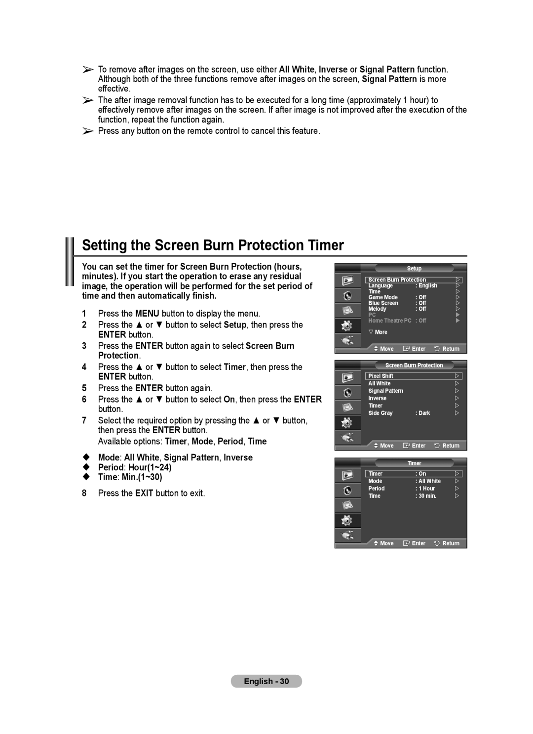 Samsung PPM50M7F, PPM63M7F manual Setting the Screen Burn Protection Timer 