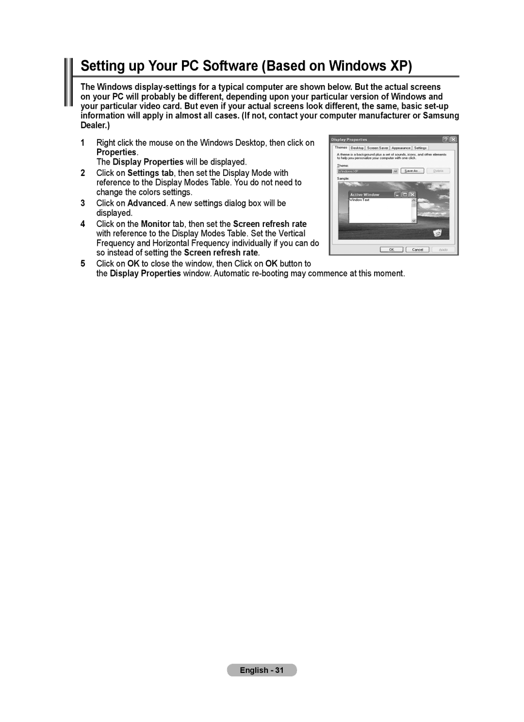 Samsung PPM63M7F, PPM50M7F manual Setting up Your PC Software Based on Windows XP 