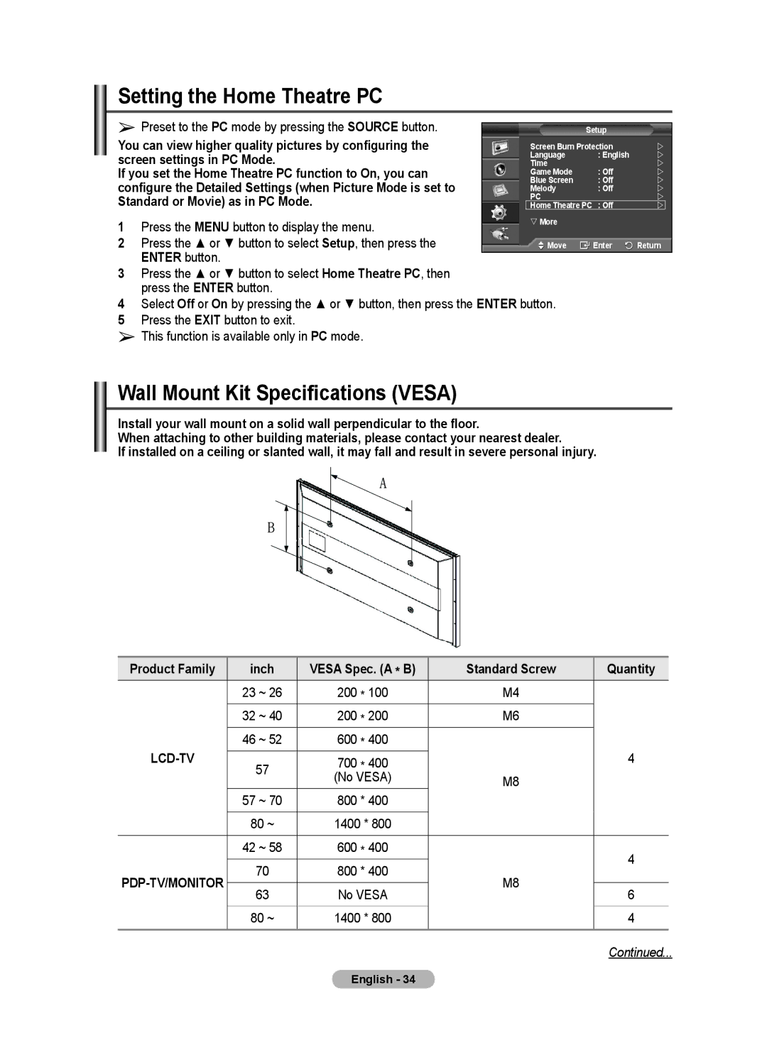 Samsung PPM50M7F, PPM63M7F Setting the Home Theatre PC, Wall Mount Kit Specifications Vesa, Screen settings in PC Mode 