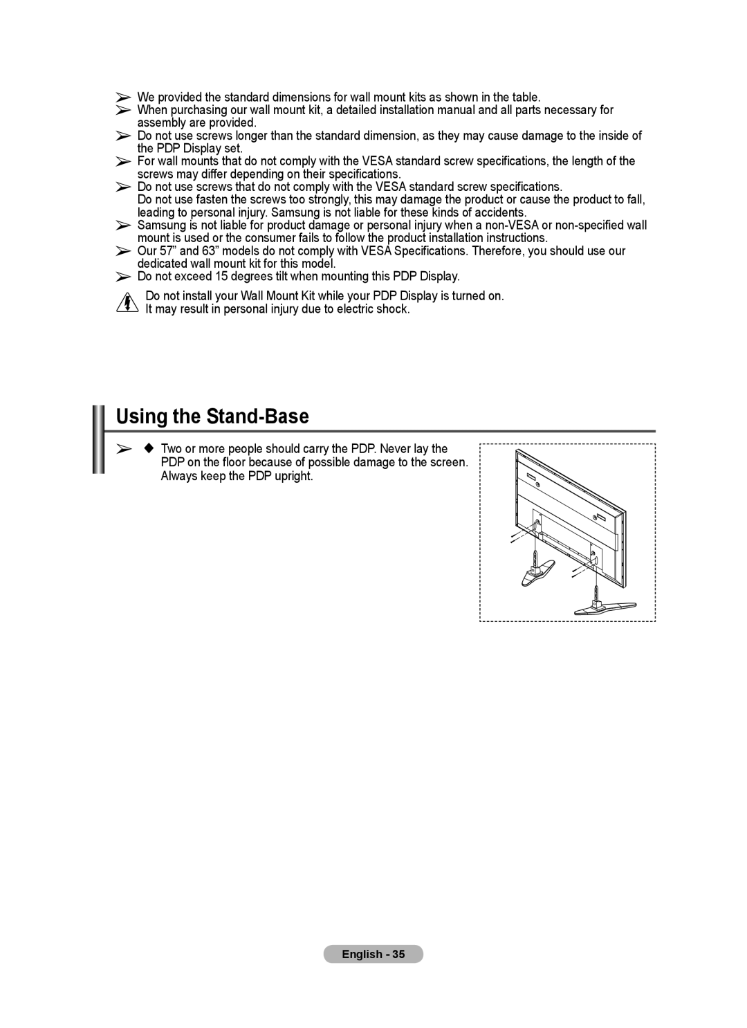 Samsung PPM63M7F, PPM50M7F manual Using the Stand-Base, Always keep the PDP upright 