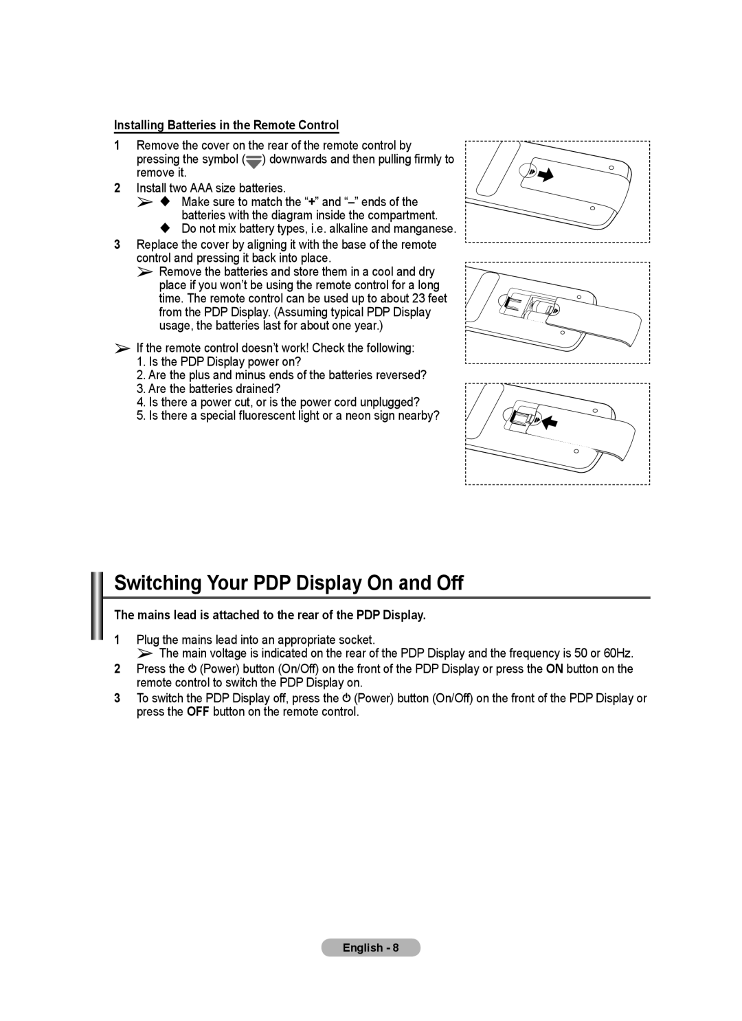 Samsung PPM50M7F, PPM63M7F manual Switching Your PDP Display On and Off, Installing Batteries in the Remote Control 