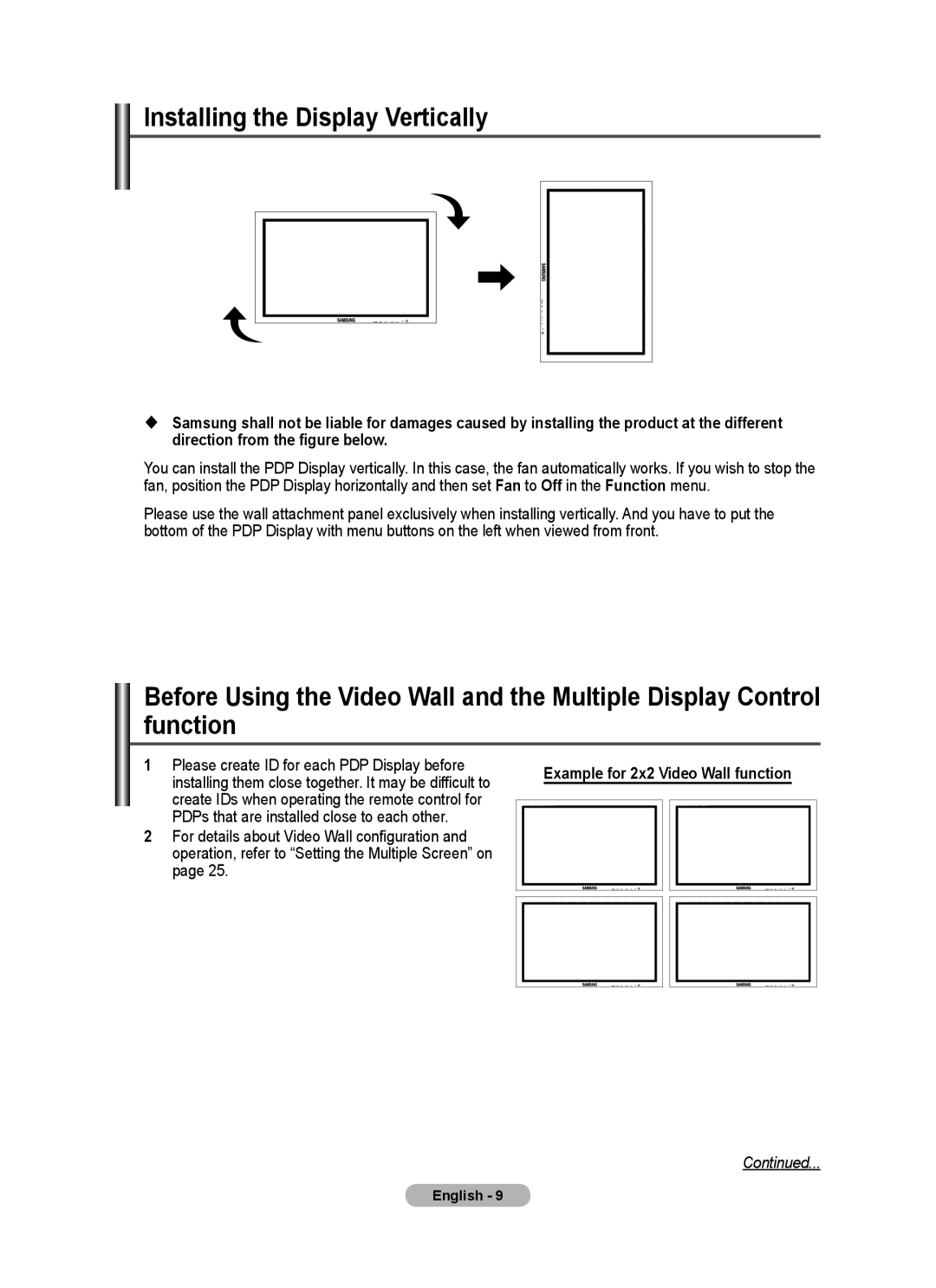 Samsung PPM63M7F, PPM50M7F manual Installing the Display Vertically, Please create ID for each PDP Display before 