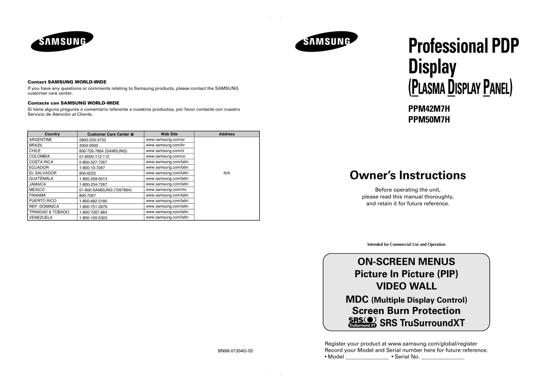 Samsung PPM50M7H manual Professional PDP Display 