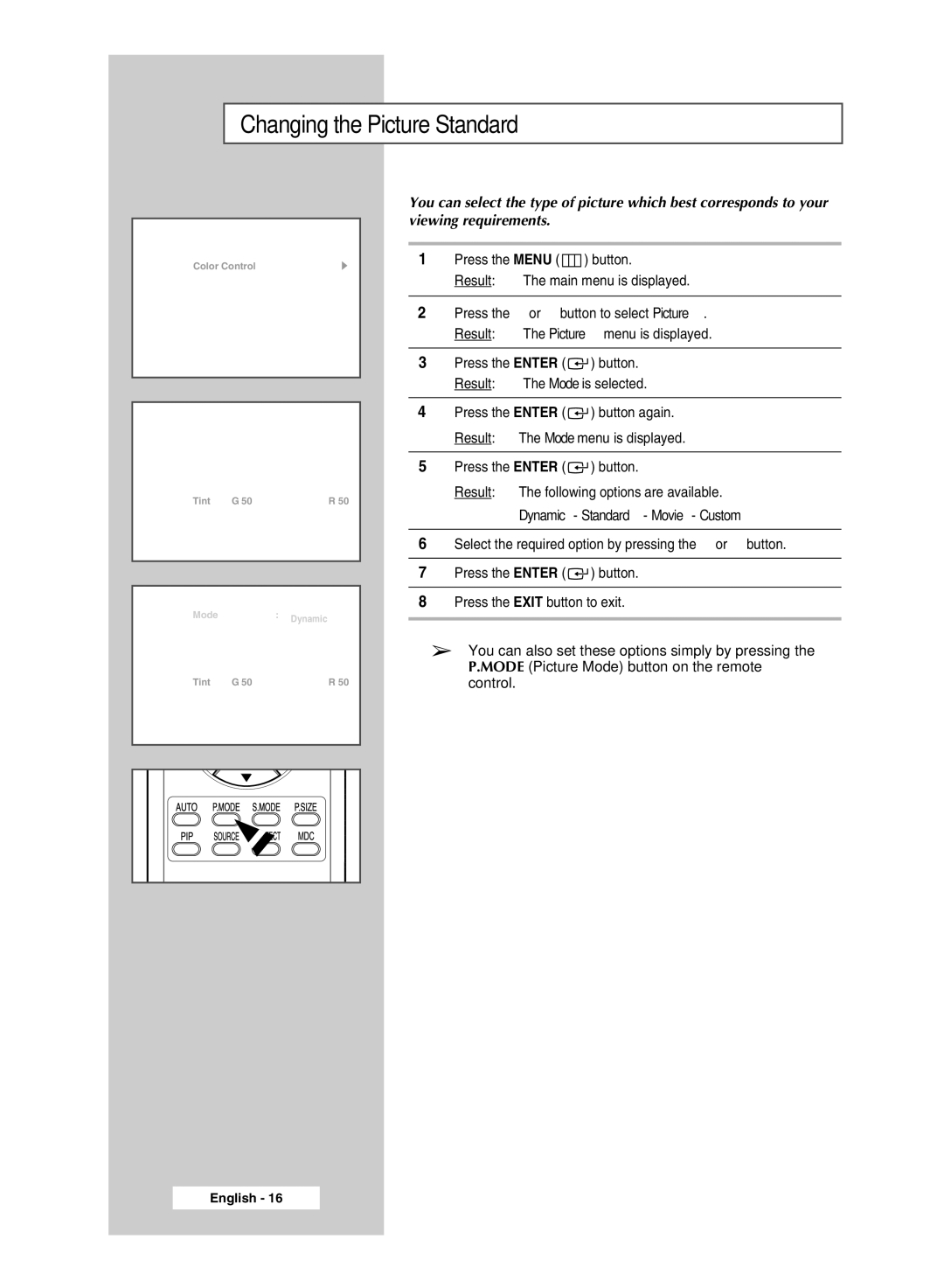 Samsung PPM50M7H manual Changing the Picture Standard, Pip 