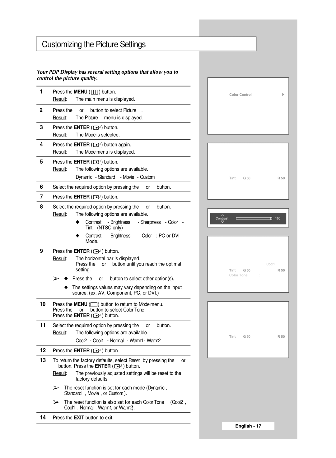 Samsung PPM50M7H manual Customizing the Picture Settings 