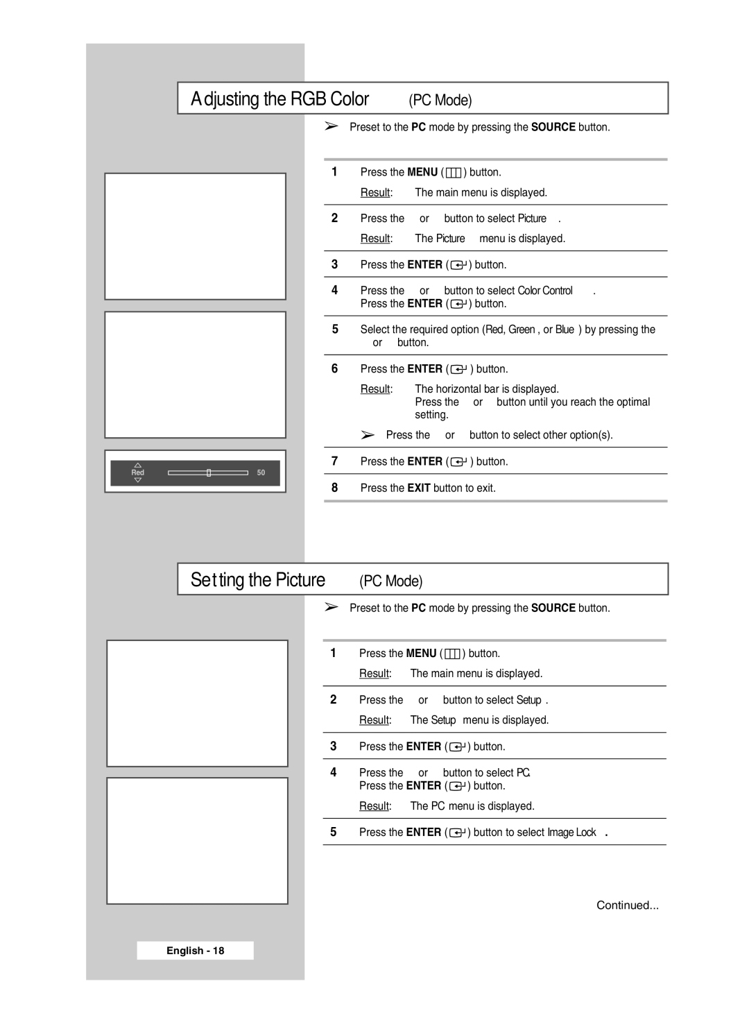 Samsung PPM50M7H manual Adjusting the RGB Color PC Mode, Setting the Picture PC Mode 