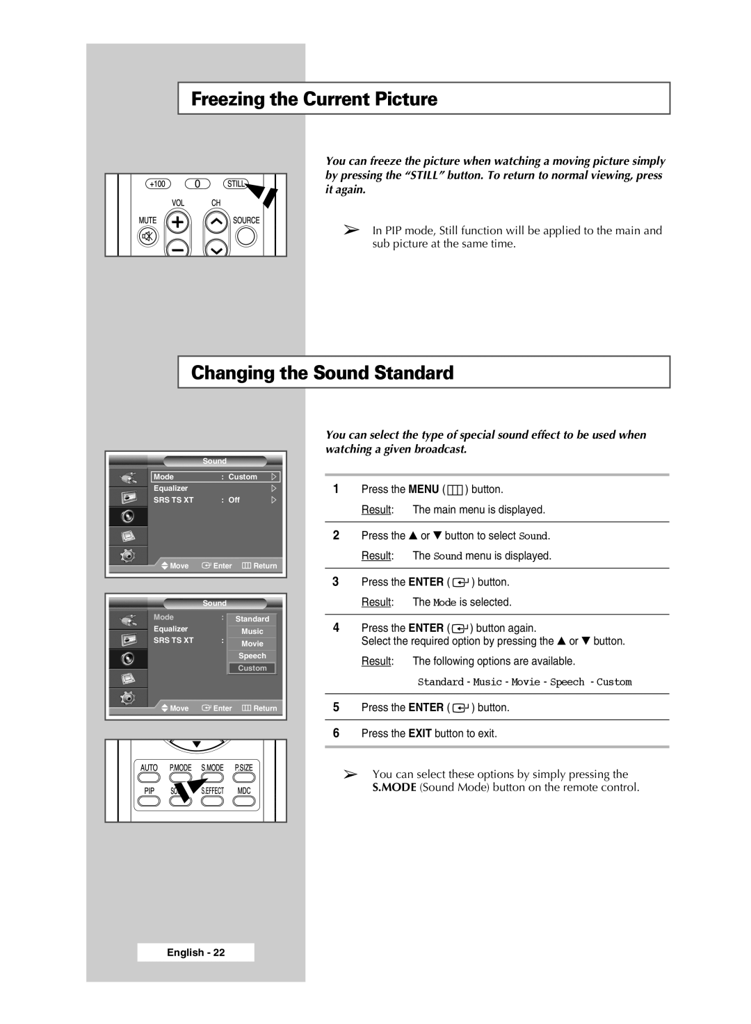 Samsung PPM50M7H manual Freezing the Current Picture, Changing the Sound Standard 