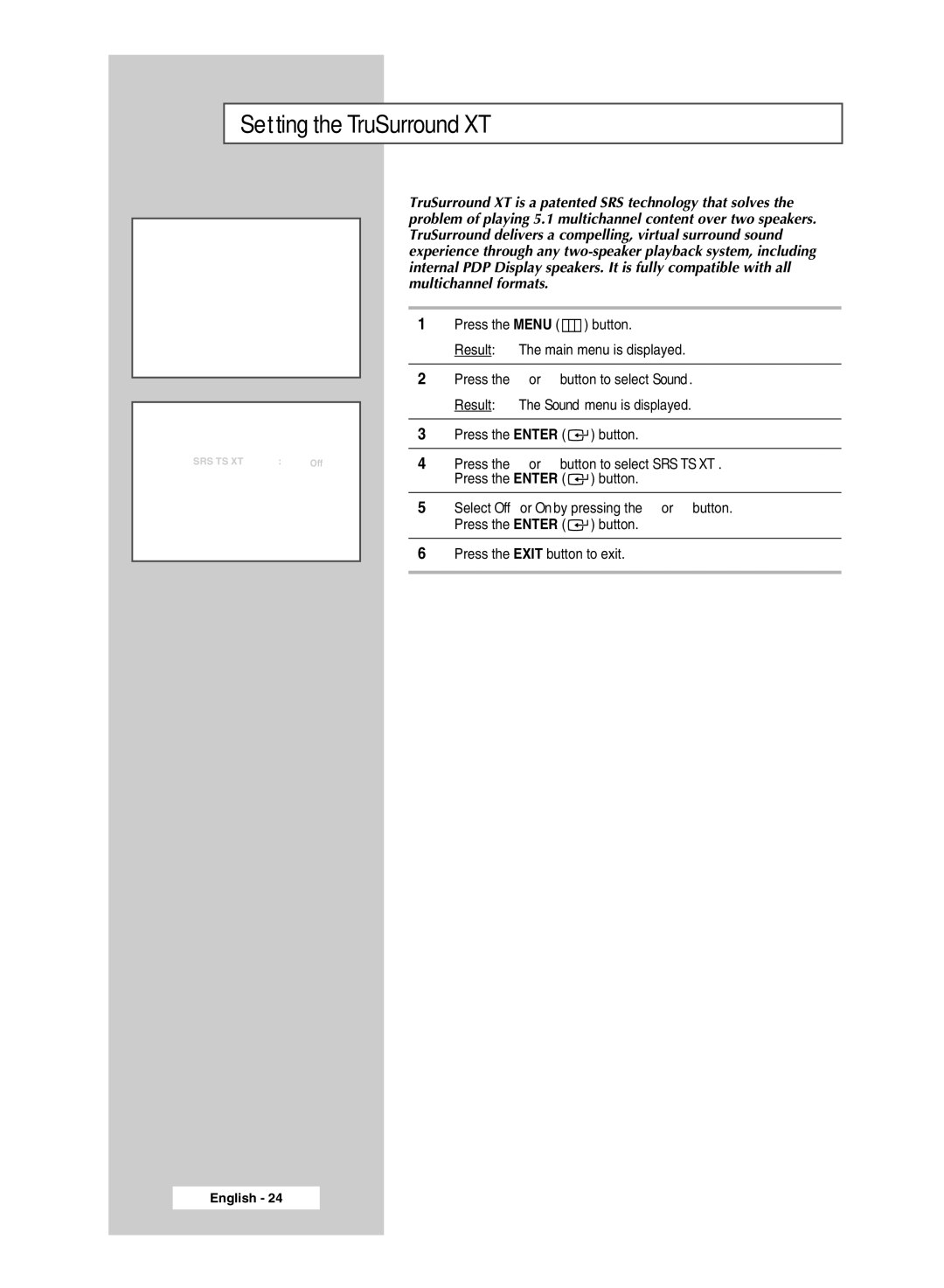 Samsung PPM50M7H manual Setting the TruSurround XT 