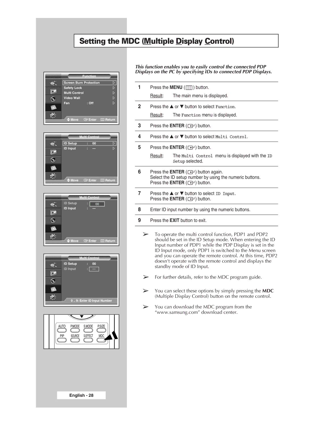 Samsung PPM50M7H manual Setting the MDC Multiple Display Control 