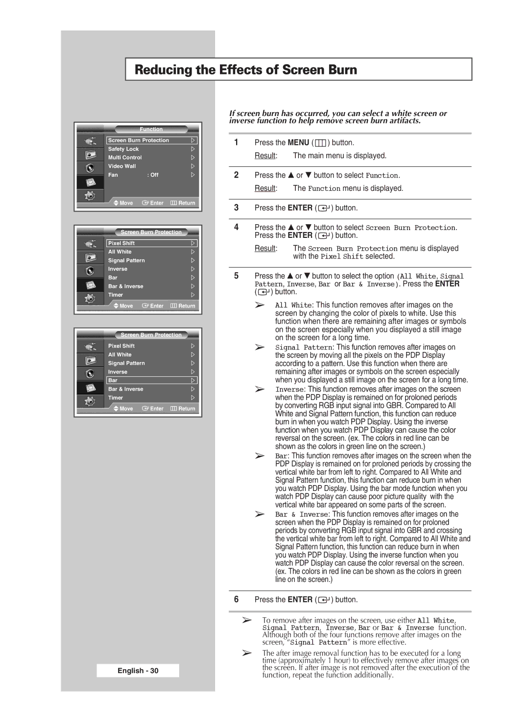 Samsung PPM50M7H manual Reducing the Effects of Screen Burn 