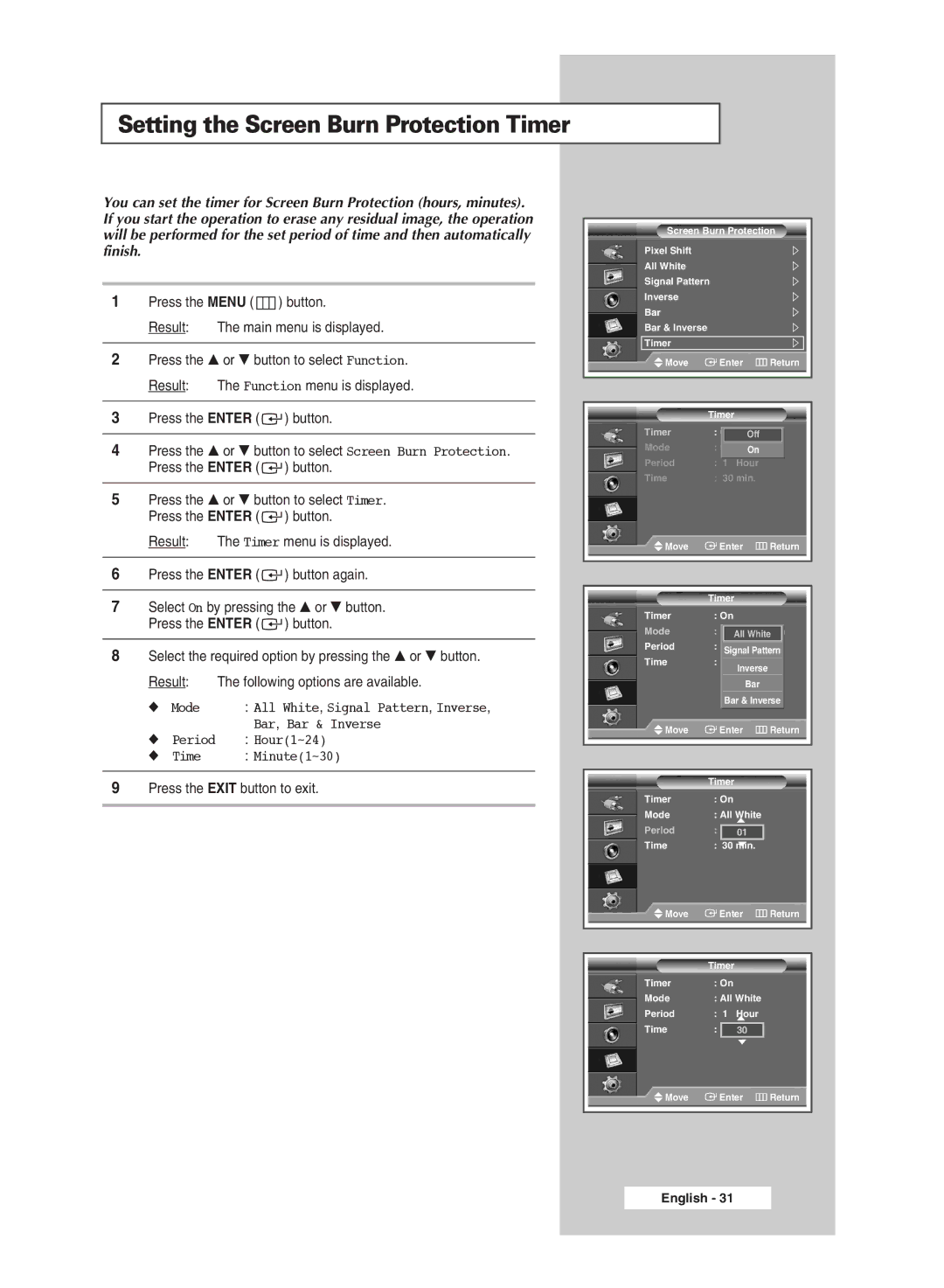 Samsung PPM50M7H manual Setting the Screen Burn Protection Timer 