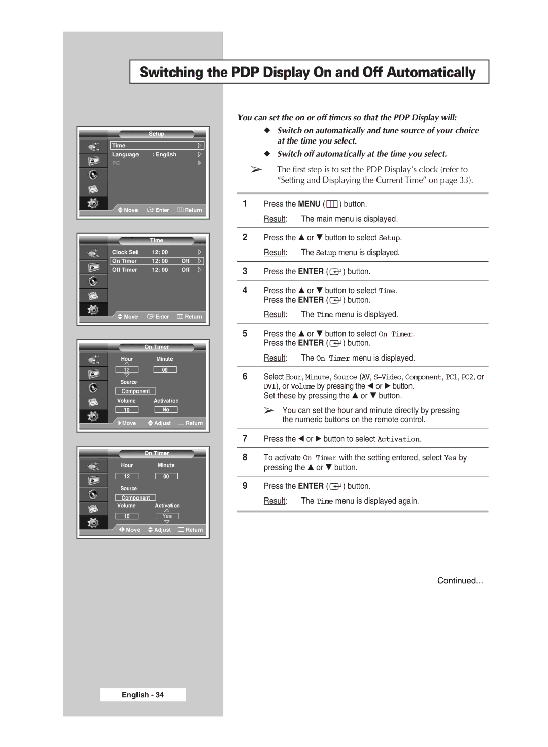 Samsung PPM50M7H manual Switching the PDP Display On and Off Automatically 