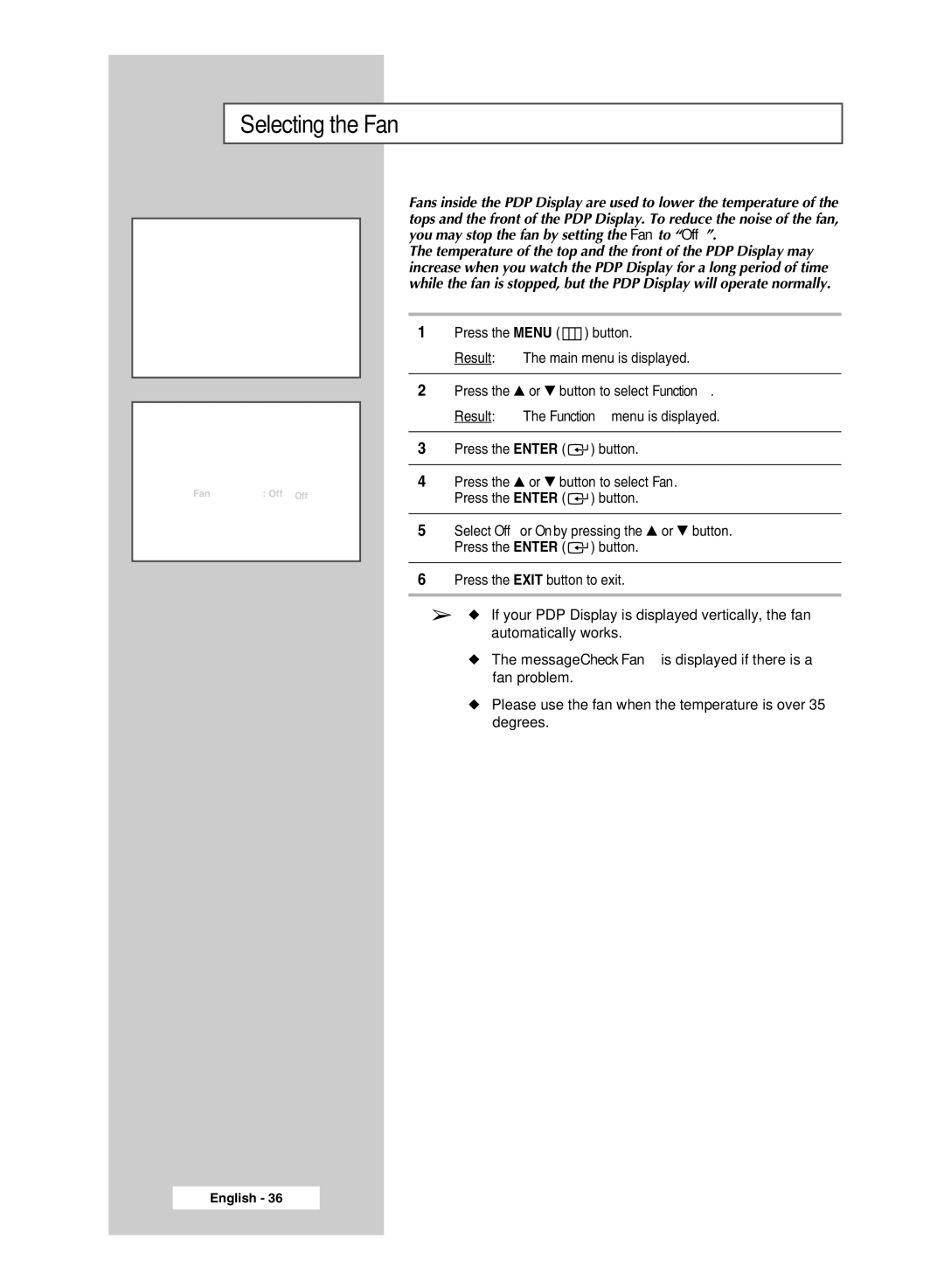 Samsung PPM50M7H manual Selecting the Fan 