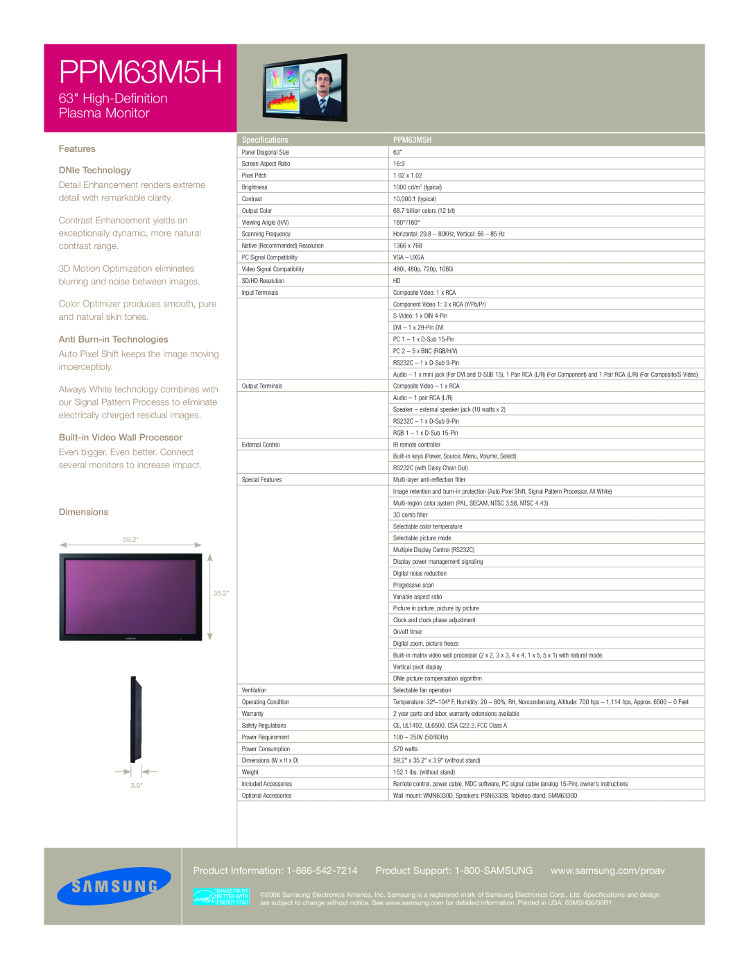 Samsung PPM63M5H High-Definition Plasma Monitor, Product Information, Product Support 1-800-SAMSUNG, Dimensions, 59.2 35.2 