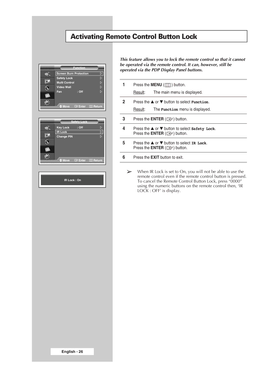 Samsung PPM63M6H manual Activating Remote Control Button Lock 