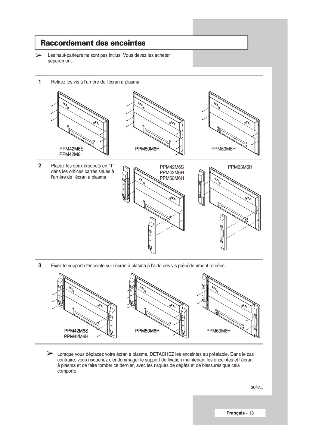 Samsung PPM42M6HSX/EDC manual Placez les deux crochets en T, Dans les orifices carrés situés à, Larrière de lécran à plasma 