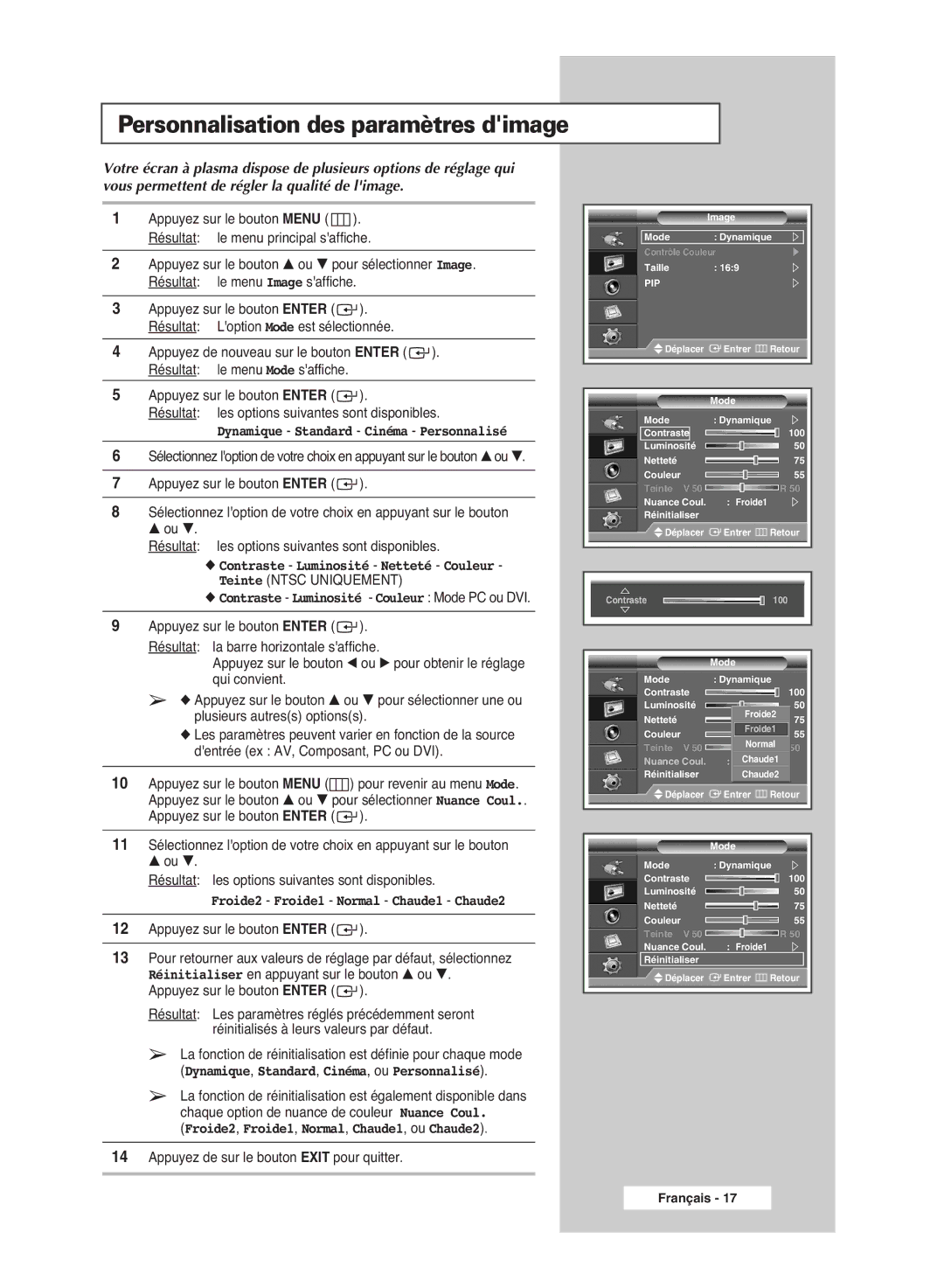 Samsung PPM50M6HSX/EDC, PPM63M6HSX/EDC manual Personnalisation des paramètres dimage, Contraste Luminosité Netteté Couleur 