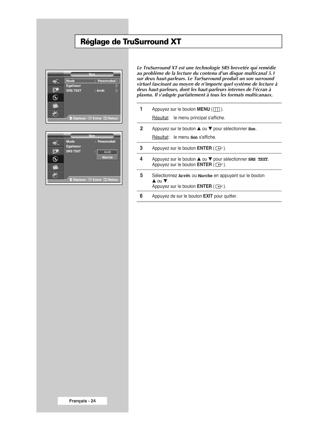 Samsung PPM63M6HSX/EDC, PPM42M6HSX/EDC, PPM50M6HSX/EDC manual Réglage de TruSurround XT 