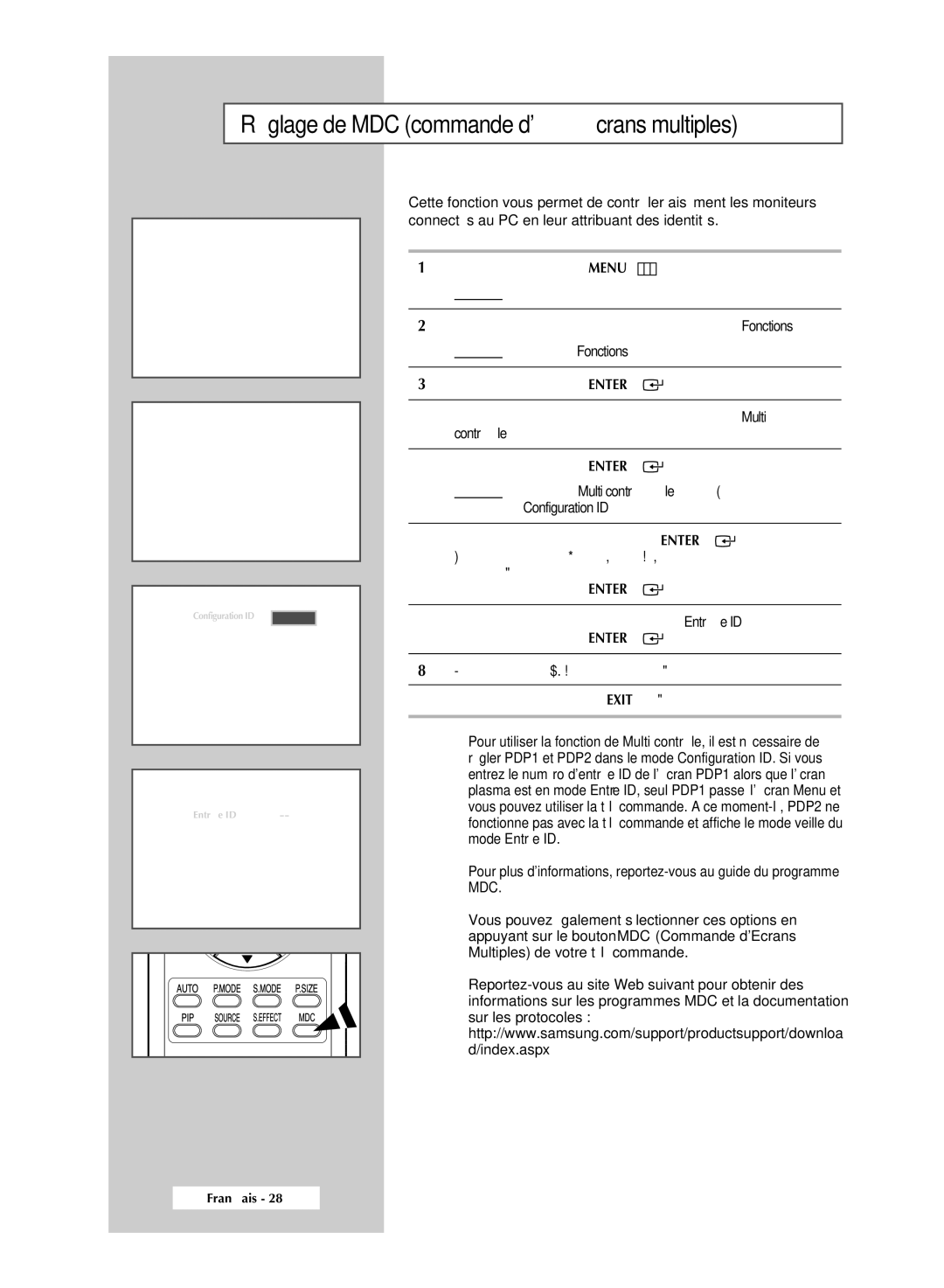 Samsung PPM42M6HSX/EDC, PPM63M6HSX/EDC, PPM50M6HSX/EDC manual Réglage de MDC commande décrans multiples 