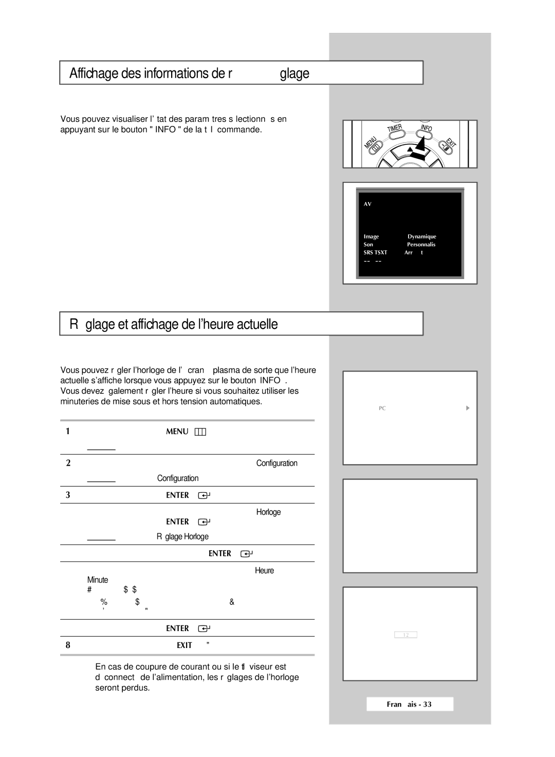 Samsung PPM63M6HSX/EDC manual Affichage des informations de réglage, Réglage et affichage de lheure actuelle, Minute 