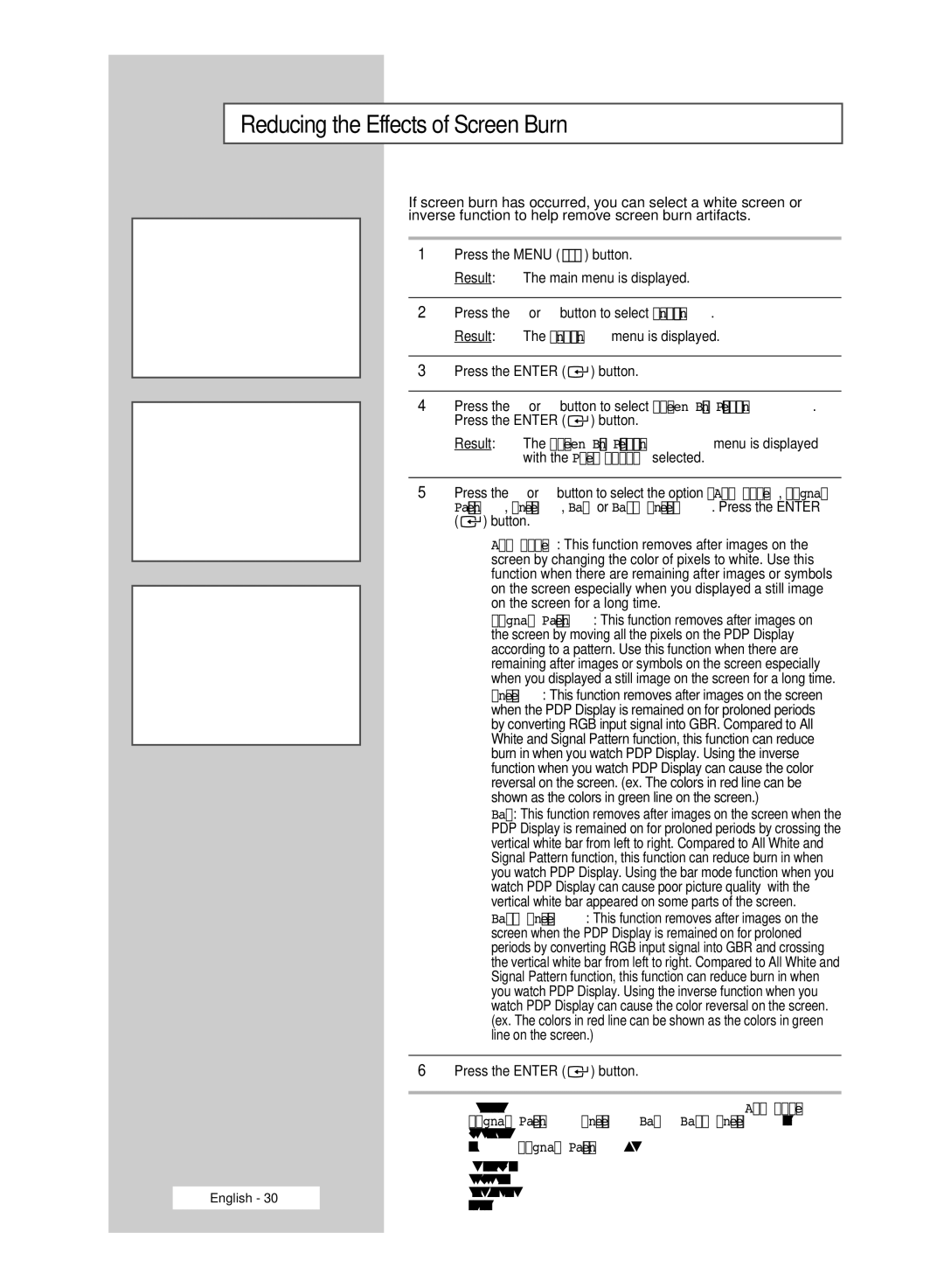 Samsung PPM63M6HSX/EDC, PPM42M6HSX/EDC, PPM50M6HSX/EDC manual Reducing the Effects of Screen Burn 