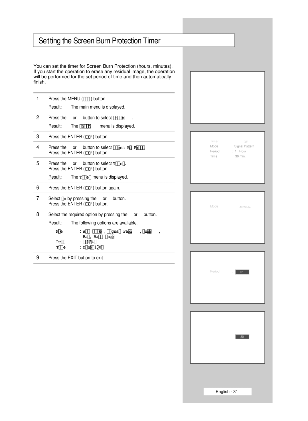 Samsung PPM42M6HSX/EDC, PPM63M6HSX/EDC, PPM50M6HSX/EDC manual Setting the Screen Burn Protection Timer 