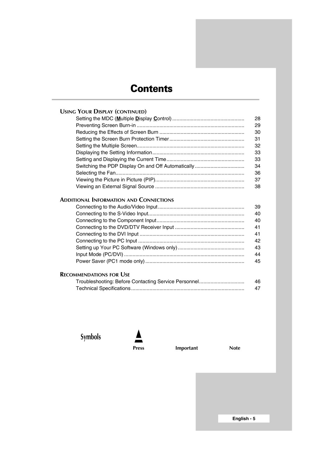 Samsung PPM50M6HSX/EDC, PPM63M6HSX/EDC, PPM42M6HSX/EDC manual Symbols 