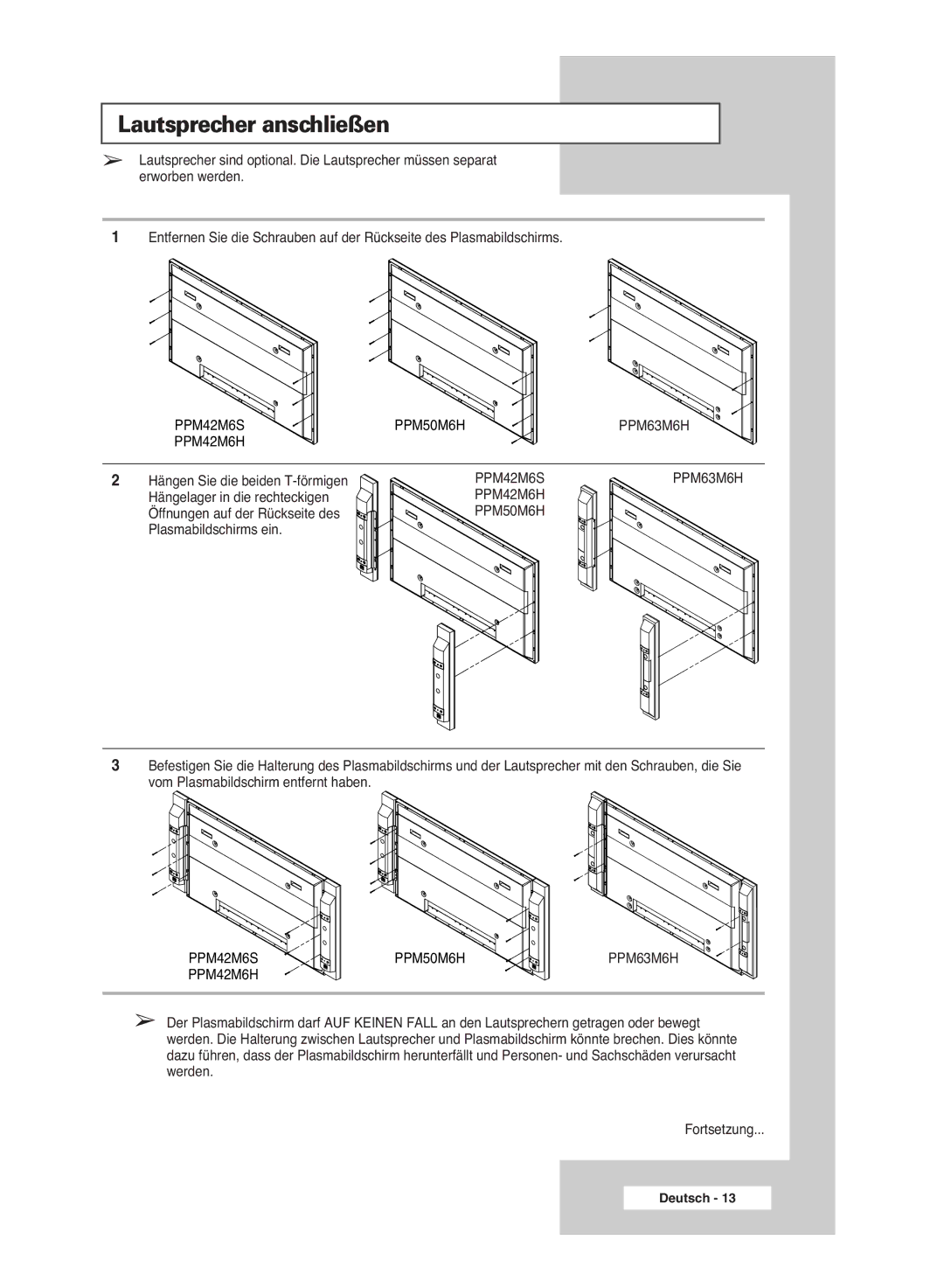 Samsung PPM42M6HSX/EDC, PPM63M6HSX/EDC, PPM50M6HSX/EDC manual Lautsprecher anschließen 