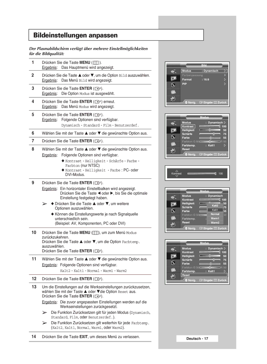 Samsung PPM50M6HSX/EDC, PPM63M6HSX/EDC, PPM42M6HSX/EDC manual Bildeinstellungen anpassen, Farbton nur Ntsc 