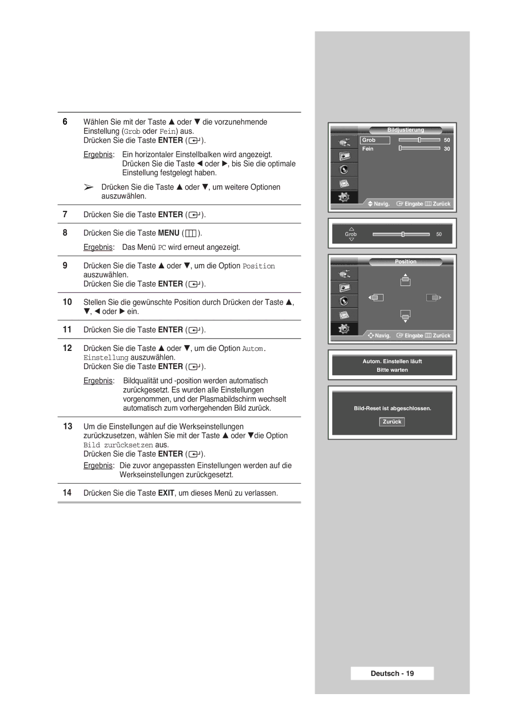 Samsung PPM42M6HSX/EDC, PPM63M6HSX/EDC, PPM50M6HSX/EDC manual Bild zurücksetzen aus 