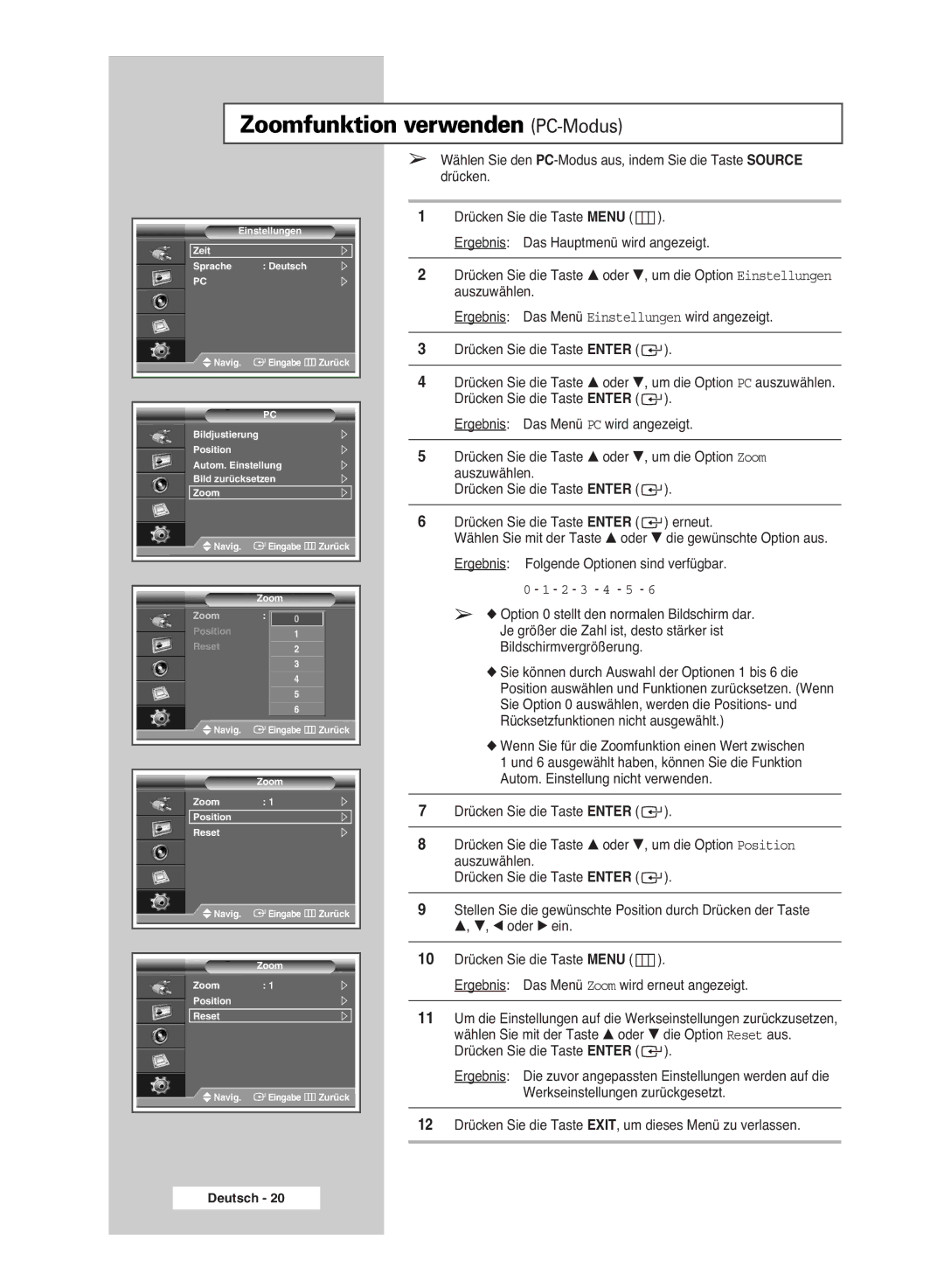 Samsung PPM50M6HSX/EDC, PPM63M6HSX/EDC, PPM42M6HSX/EDC manual Zoomfunktion verwenden PC-Modus, 2 3 4 5 