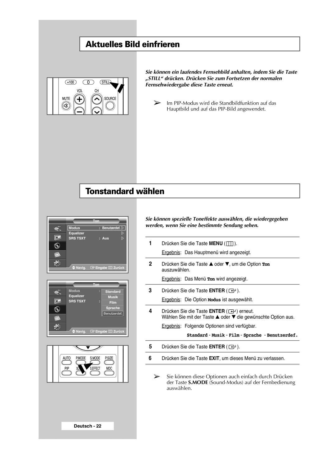 Samsung PPM42M6HSX/EDC manual Aktuelles Bild einfrieren, Tonstandard wählen, Standard Musik Film Sprache Benutzerdef 